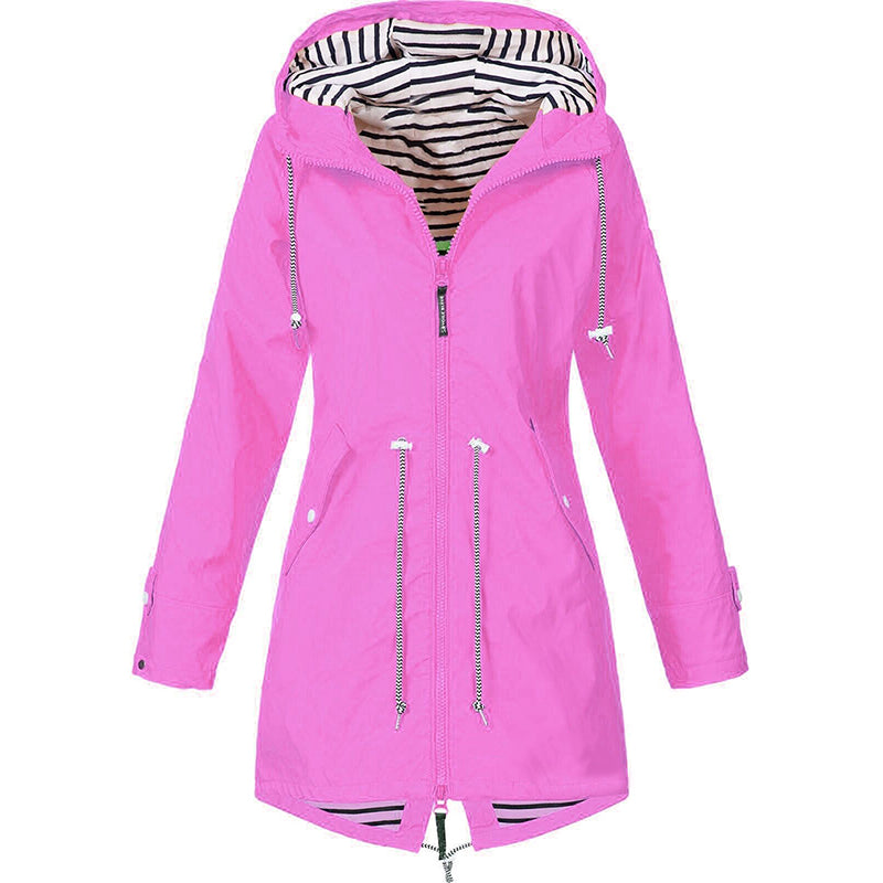 Pink zip-up hooded parka jacket with striped inner hood and drawstring cords