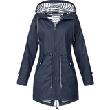 Navy zip-up hooded parka jacket with striped lining, front pockets, and drawstring hem