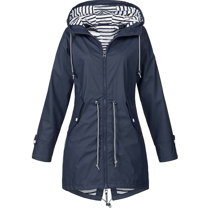 Navy zip-up hooded parka jacket with striped lining, front pockets, and drawstring hem