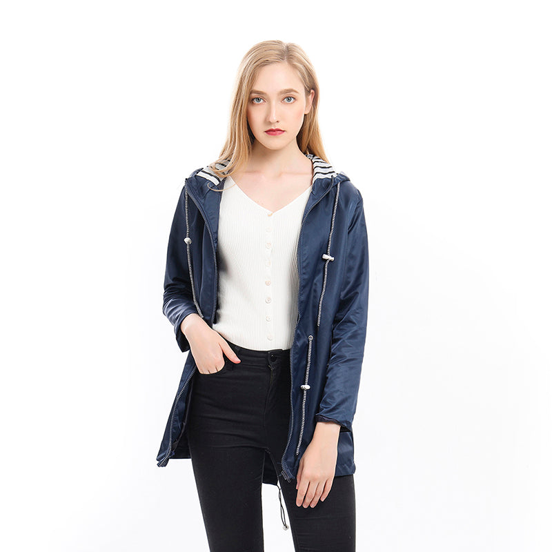 Navy zip-up hooded parka jacket with striped inner hood and drawstring cords