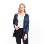 Navy zip-up hooded parka jacket with striped inner hood and drawstring cords