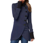 Navy long-sleeve stand-collar button jacket with asymmetrical front and buttons