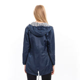 Navy zip-up hooded parka jacket, back view with gathered hood and drawstring cords