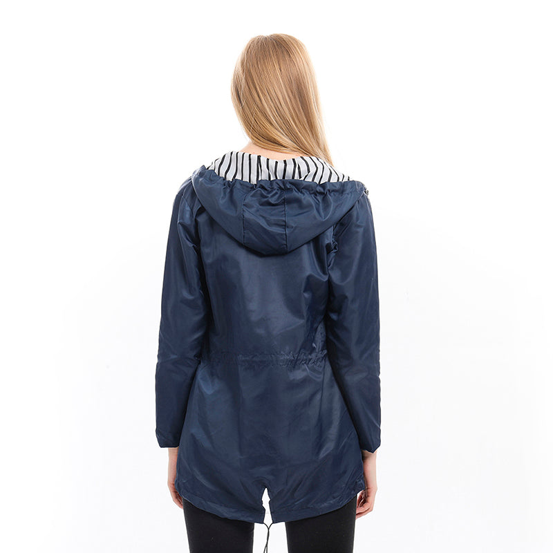 Navy zip-up hooded parka jacket, back view with gathered hood and drawstring cords