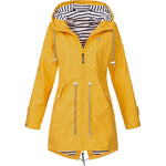 Yellow zip-up hooded parka jacket with striped inner hood and drawstring cords