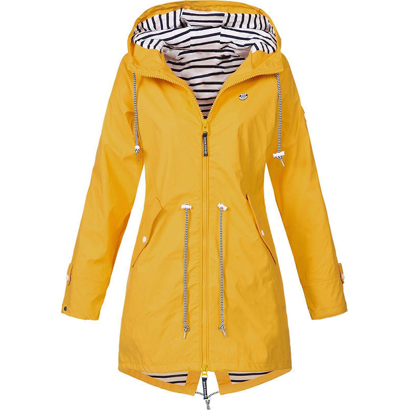 Yellow zip-up hooded parka jacket with striped inner hood and drawstring cords