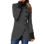 Gray long-sleeve stand-collar button jacket with asymmetrical button front