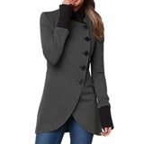 Gray long-sleeve stand-collar button jacket with asymmetrical button front