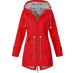 Red zip-up hooded parka jacket with striped inner hood and drawstring cords