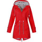 Red zip-up hooded parka jacket with striped inner hood and drawstring cords