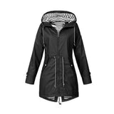 Black zip-up hooded parka jacket with striped inner hood and drawstring cords