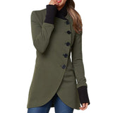 Olive green long-sleeve stand-collar button jacket with four-button front