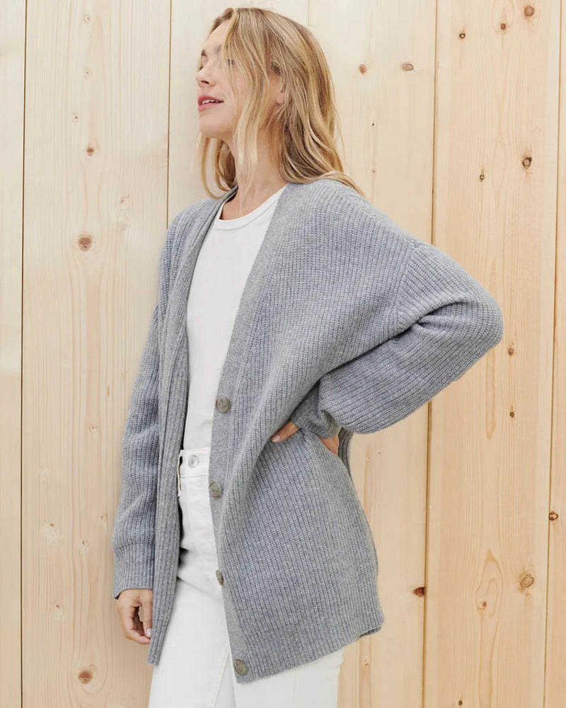 Cozy knit button-front cardigan in light heather gray with V-neck and long sleeves