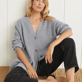 Cozy knit button-front cardigan in light heather gray with V-neck and long sleeves
