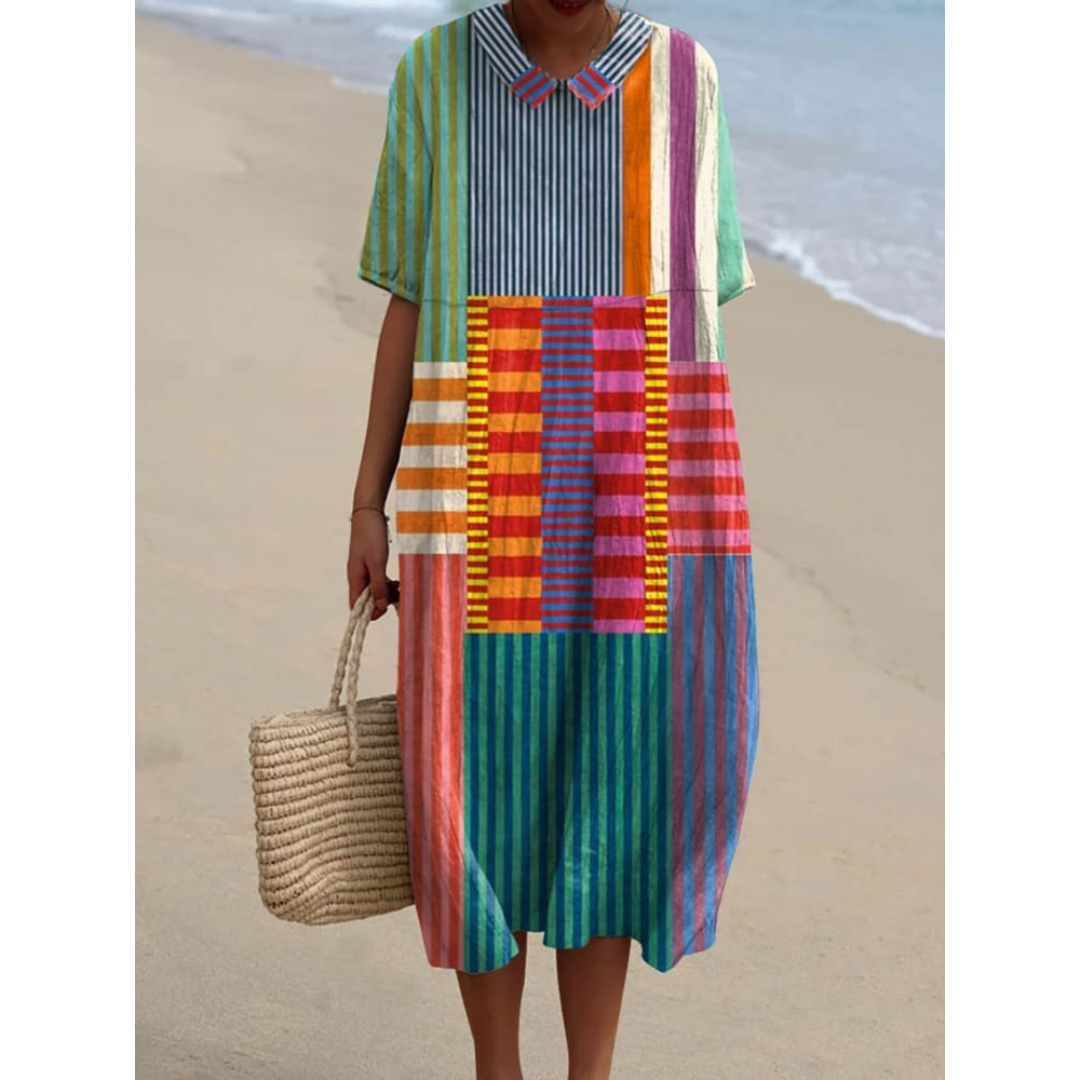 Women’s vintage-style geometric dress, multicolor striped panels, V-neck, short sleeves