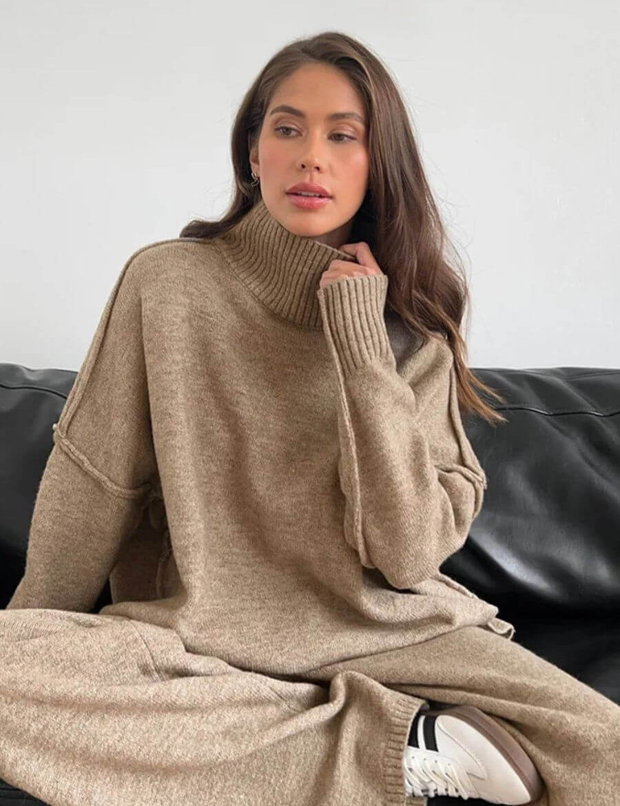 Camel knit turtleneck sweater with wide-leg pants set, long sleeves and cozy ribbing