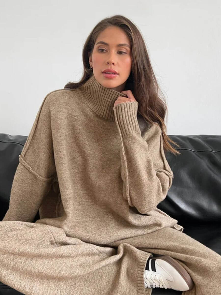 Camel knit turtleneck sweater with wide-leg pants set, long sleeves and cozy ribbing