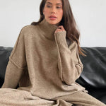 Camel knit turtleneck sweater with wide-leg pants set, long sleeves and cozy ribbing