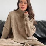 Camel knit turtleneck sweater with wide-leg pants set, long sleeves and cozy ribbing