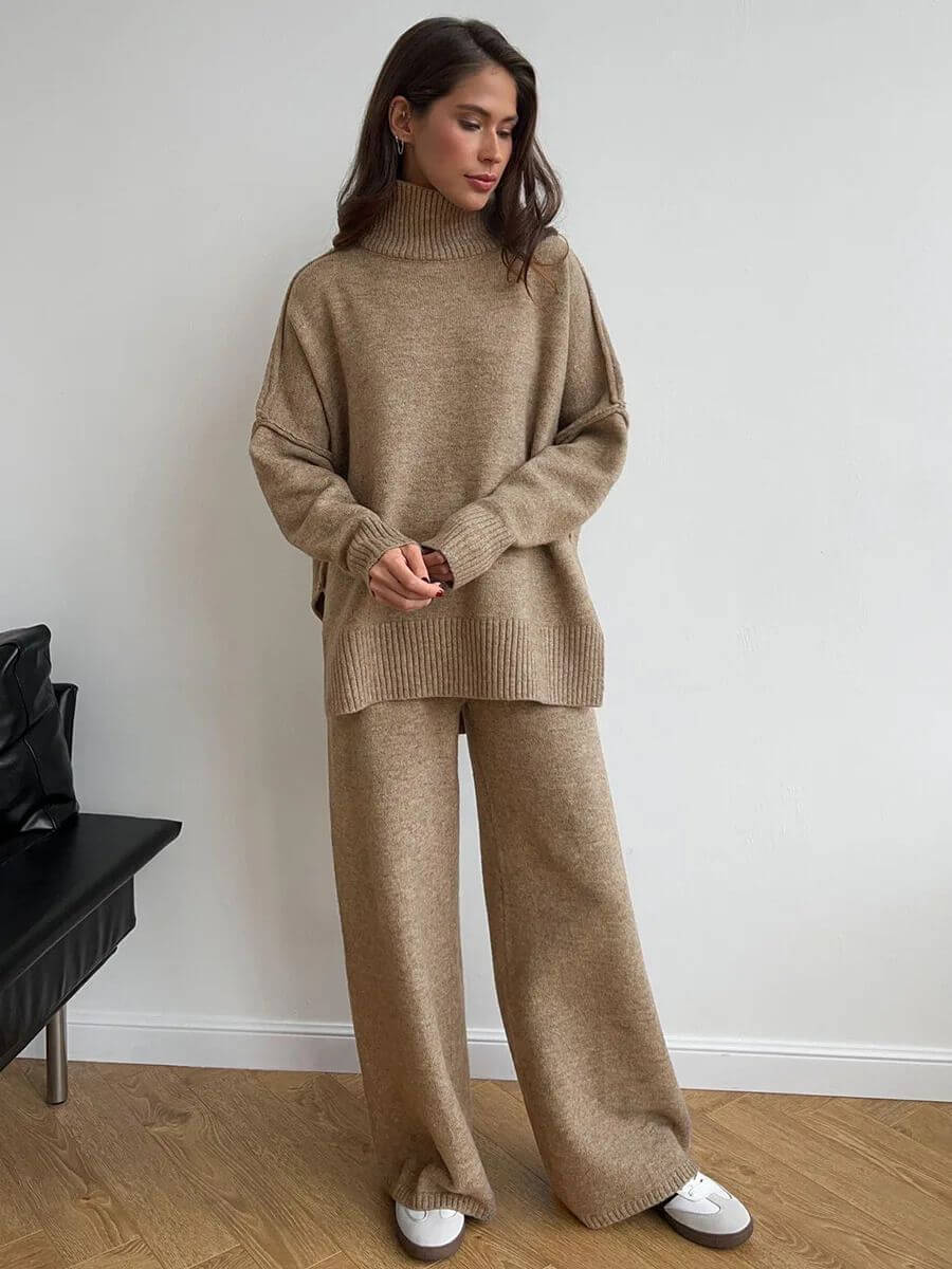 Camel knit turtleneck sweater and wide-leg pants set, full-body front view