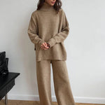 Camel knit turtleneck sweater and wide-leg pants set, full-body front view
