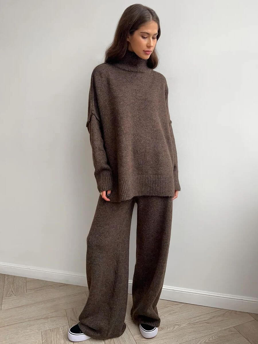 Brown knit turtleneck sweater and wide-leg pants set, long sleeve with ribbed hem