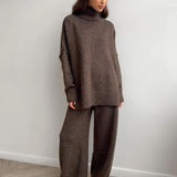 Brown knit turtleneck sweater and wide-leg pants set, long sleeve with ribbed hem