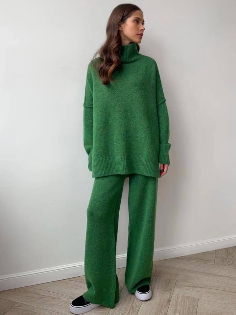 Green knit turtleneck sweater and wide-leg pants set, side view with relaxed drape