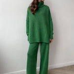 Green knit turtleneck sweater and wide-leg pants set, side view with relaxed drape