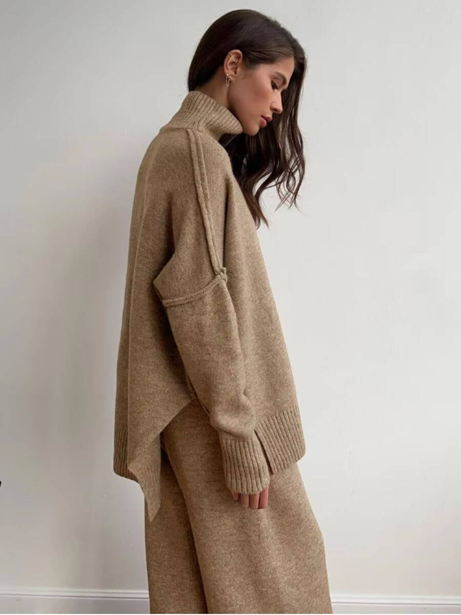 Camel knit turtleneck sweater and wide-leg pants set, side view with pocket detail