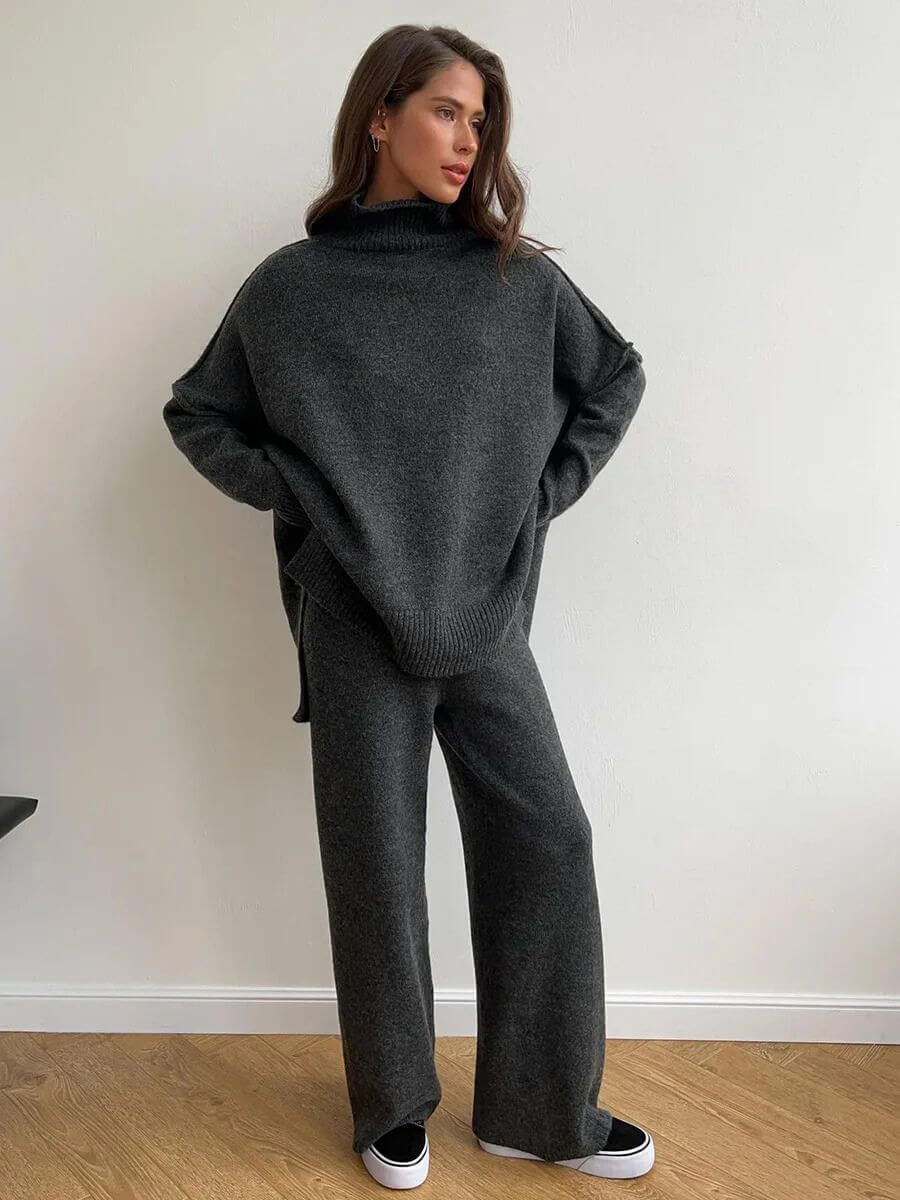 Dark gray knit turtleneck sweater and wide-leg pants set, relaxed fit with ribbed cuffs