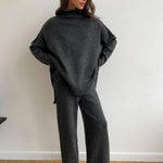 Dark gray knit turtleneck sweater and wide-leg pants set, relaxed fit with ribbed cuffs