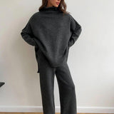 Dark gray knit turtleneck sweater and wide-leg pants set, relaxed fit with ribbed cuffs