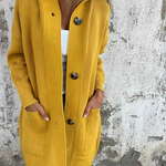 Heidi™ long knit cardigan in mustard yellow with button front and side pockets
