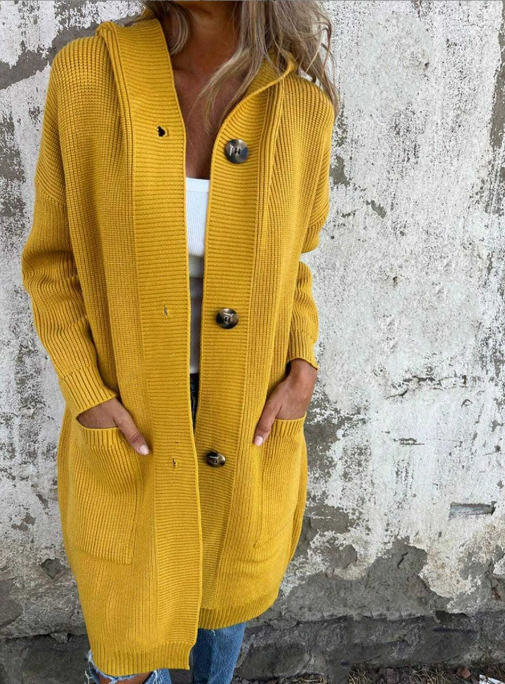 Heidi™ long knit cardigan in mustard yellow with button front and side pockets