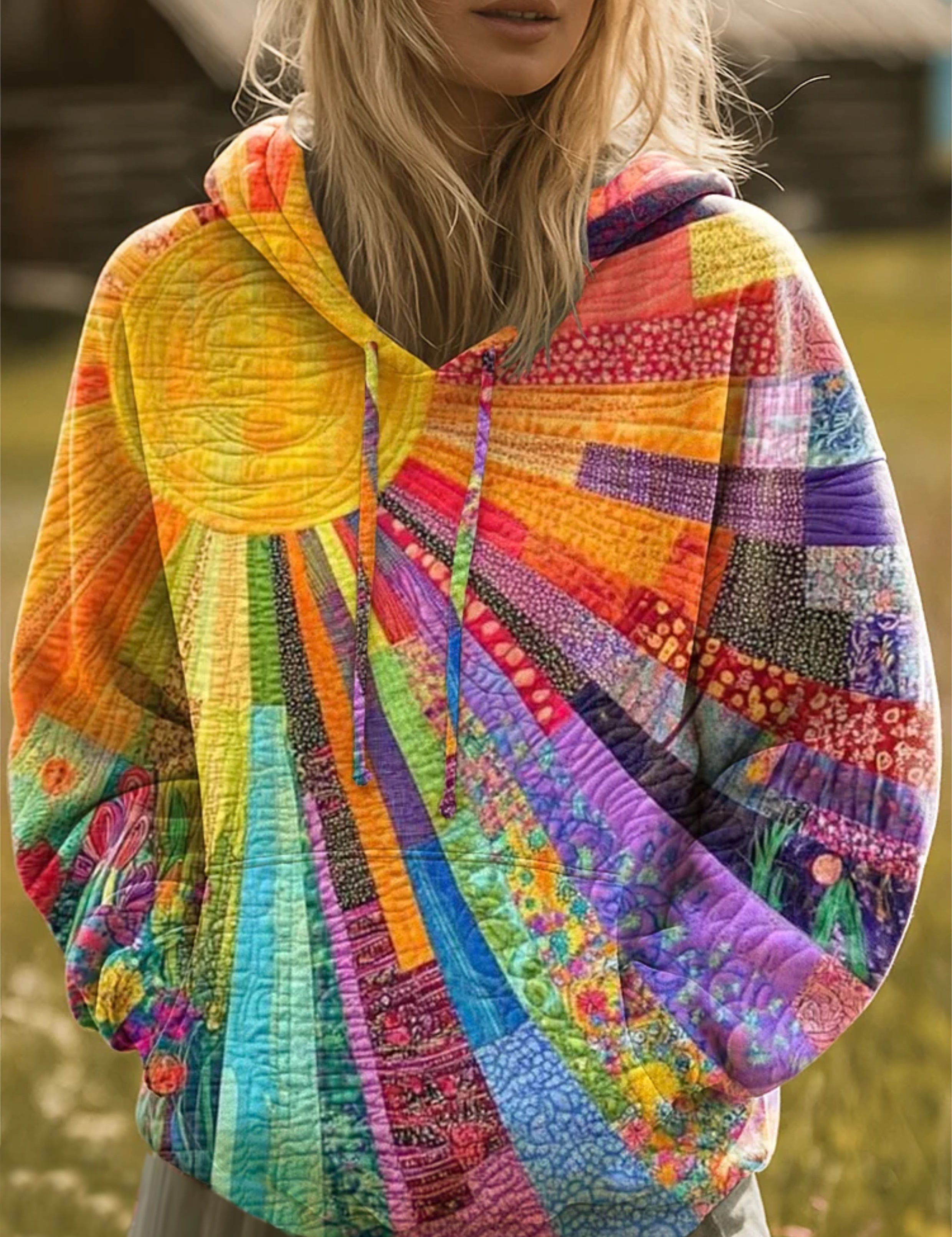 Laura™ multicolor patchwork hoodie with hood and front pouch pocket