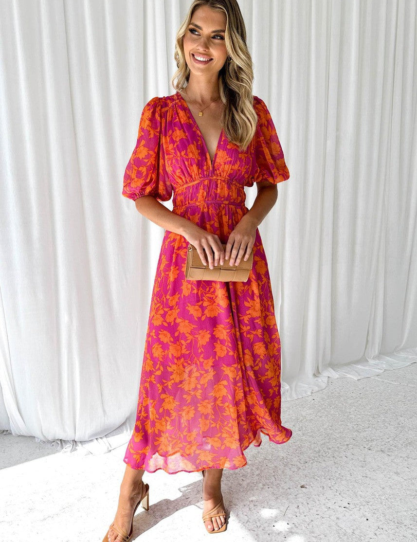 Pink-orange floral midi dress with puff sleeves and V-neck, cinched waist