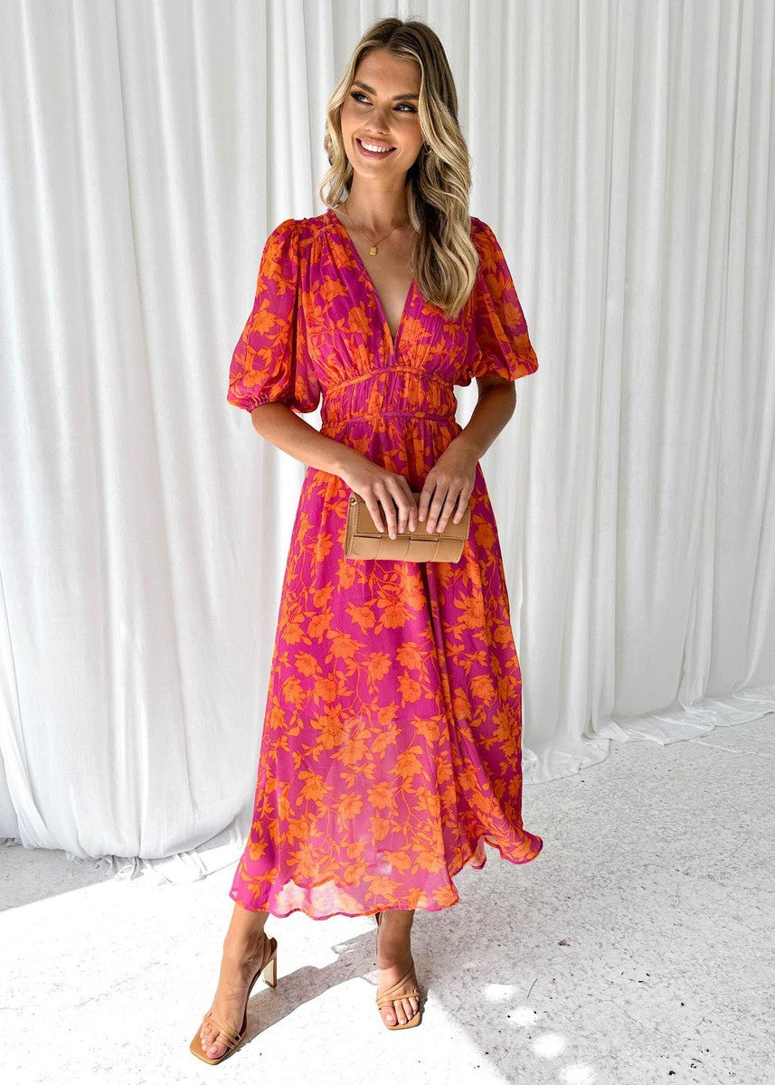 Pink-orange floral midi dress with puff sleeves and V-neck, cinched waist