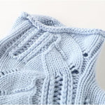 Light blue knit pullover collar with cable pattern and ribbed trim