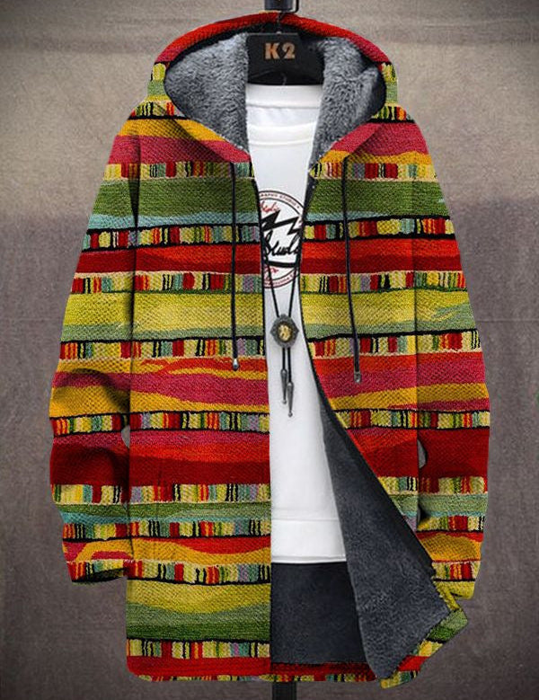 Multicolor patterned cardigan with hood, front zipper, and striped knit design