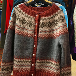 Patterned knit cardigan sweater with button front, crew neck, gray with rust trim