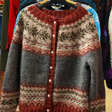 Patterned knit cardigan sweater with button front, crew neck, gray with rust trim