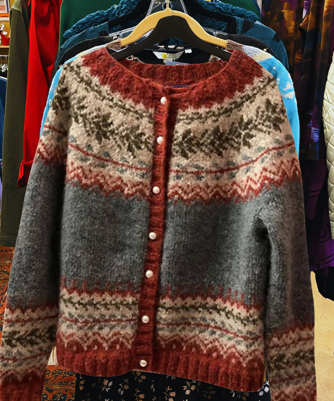 Patterned knit cardigan sweater with button front, crew neck, gray with rust trim