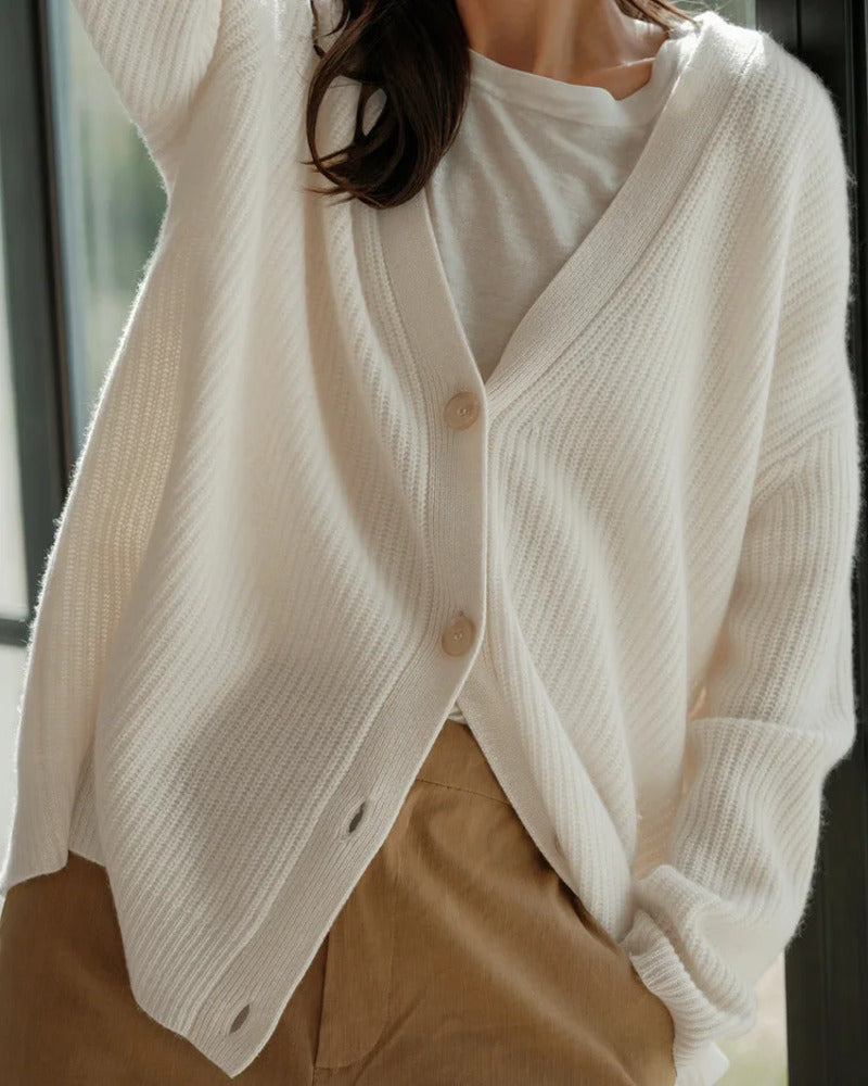 Cozy knit button-front cardigan in off-white with V-neck and textured knit detail