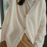 Cozy knit button-front cardigan in off-white with V-neck and textured knit detail