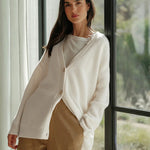 Cozy knit button-front cardigan in off-white with V-neck and long sleeves