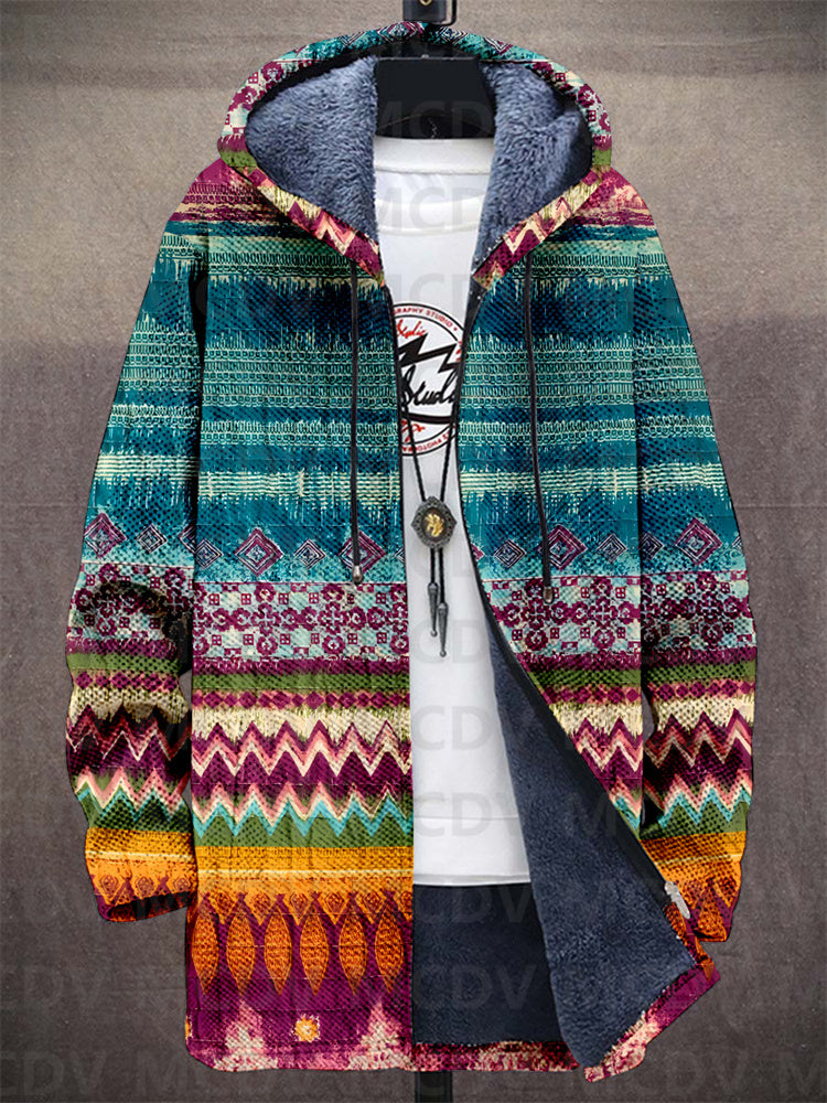 Jedda™ hooded zip-front cardigan, multicolor zigzag and tribal pattern; long sleeves