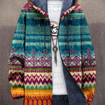 Jedda™ hooded zip-front cardigan, multicolor zigzag and tribal pattern; long sleeves