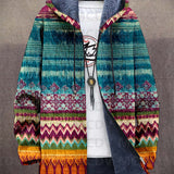 Jedda™ hooded zip-front cardigan, multicolor zigzag and tribal pattern; long sleeves