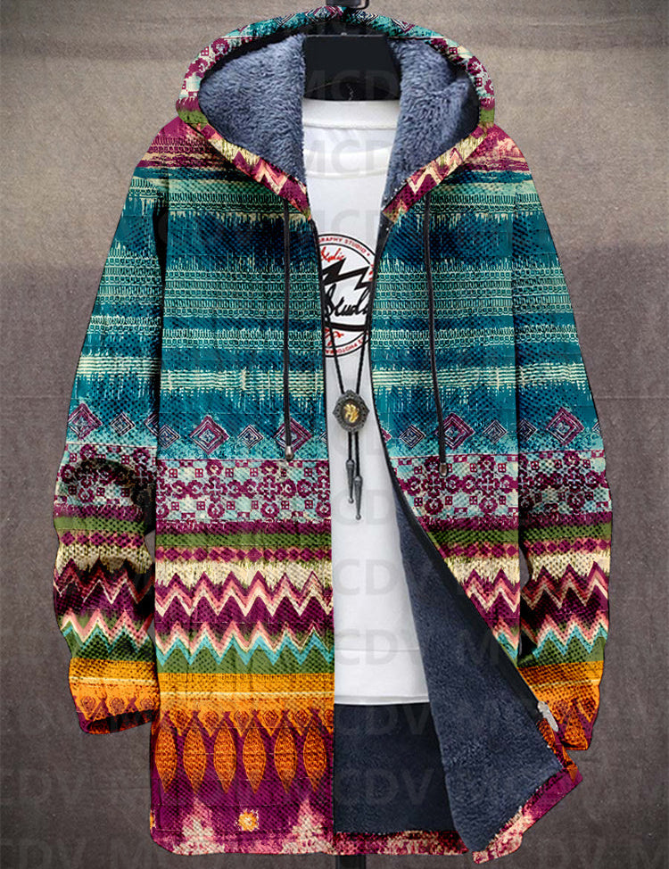 Jedda™ hooded zip-front cardigan, multicolor zigzag and tribal pattern; long sleeves